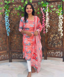 Orange and Blue Color Potli Pattern Premium Batik Printed Mul Cotton Kurti and Dupatta / LSS182