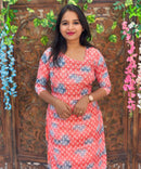 Orange and Blue Color Potli Pattern Premium Batik Printed Mul Cotton Kurti and Dupatta / LSS182