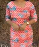 Orange and Blue Color Potli Pattern Premium Batik Printed Mul Cotton Kurti and Dupatta / LSS182
