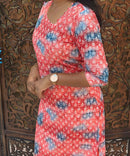 Orange and Blue Color Potli Pattern Premium Batik Printed Mul Cotton Kurti and Dupatta / LSS182