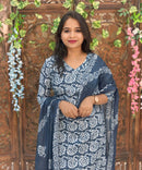 Navy Blue and Lite Blue Color Premium Batik Printed Mul Cotton Kurti and Dupatta / LSS182