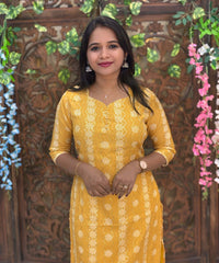 Yellow Color Premium Batik Printed Mul Cotton Kurti and Dupatta / LSS182