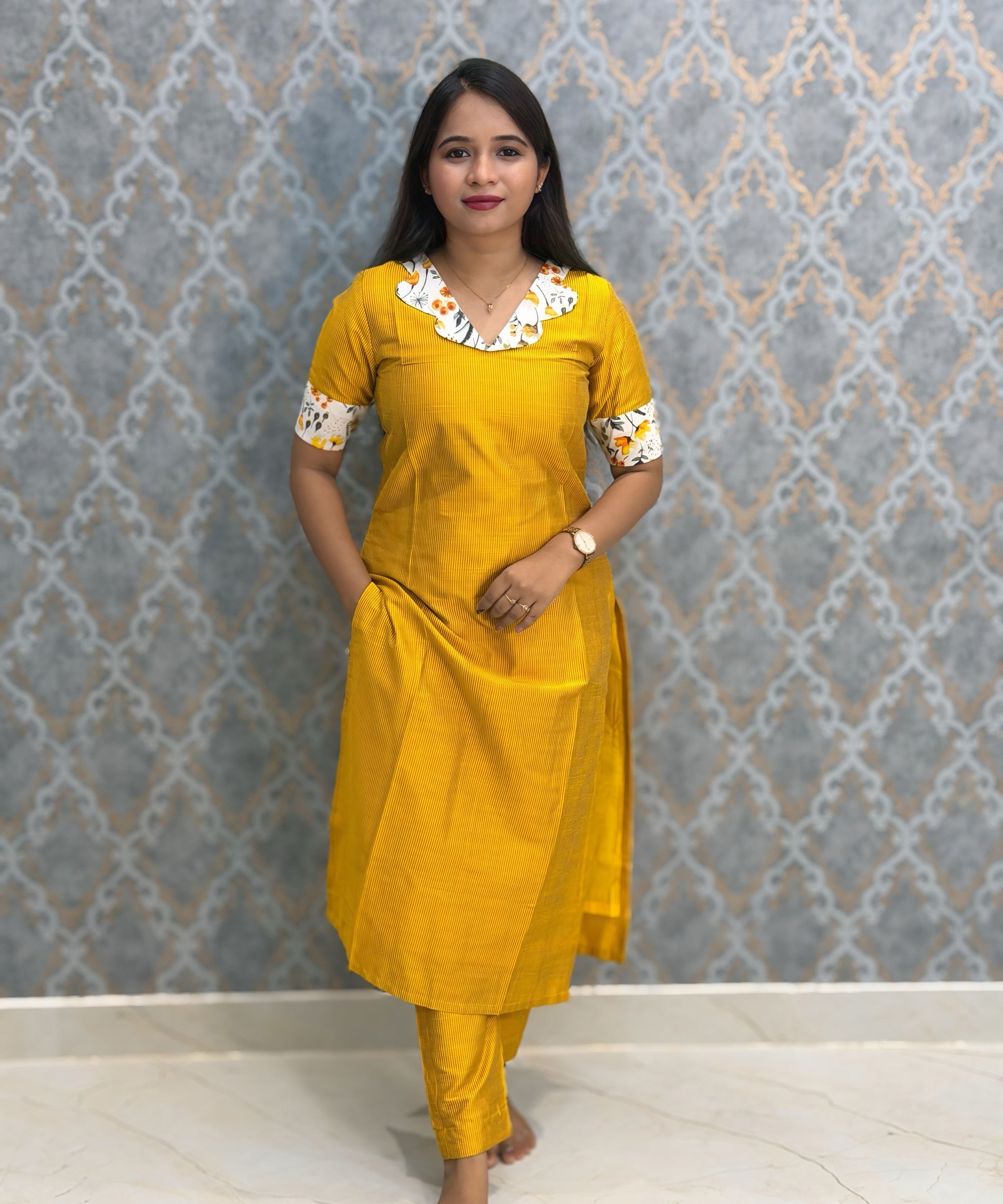 Yellow Color Premium Coord Set with Lining and Pocket / HL032