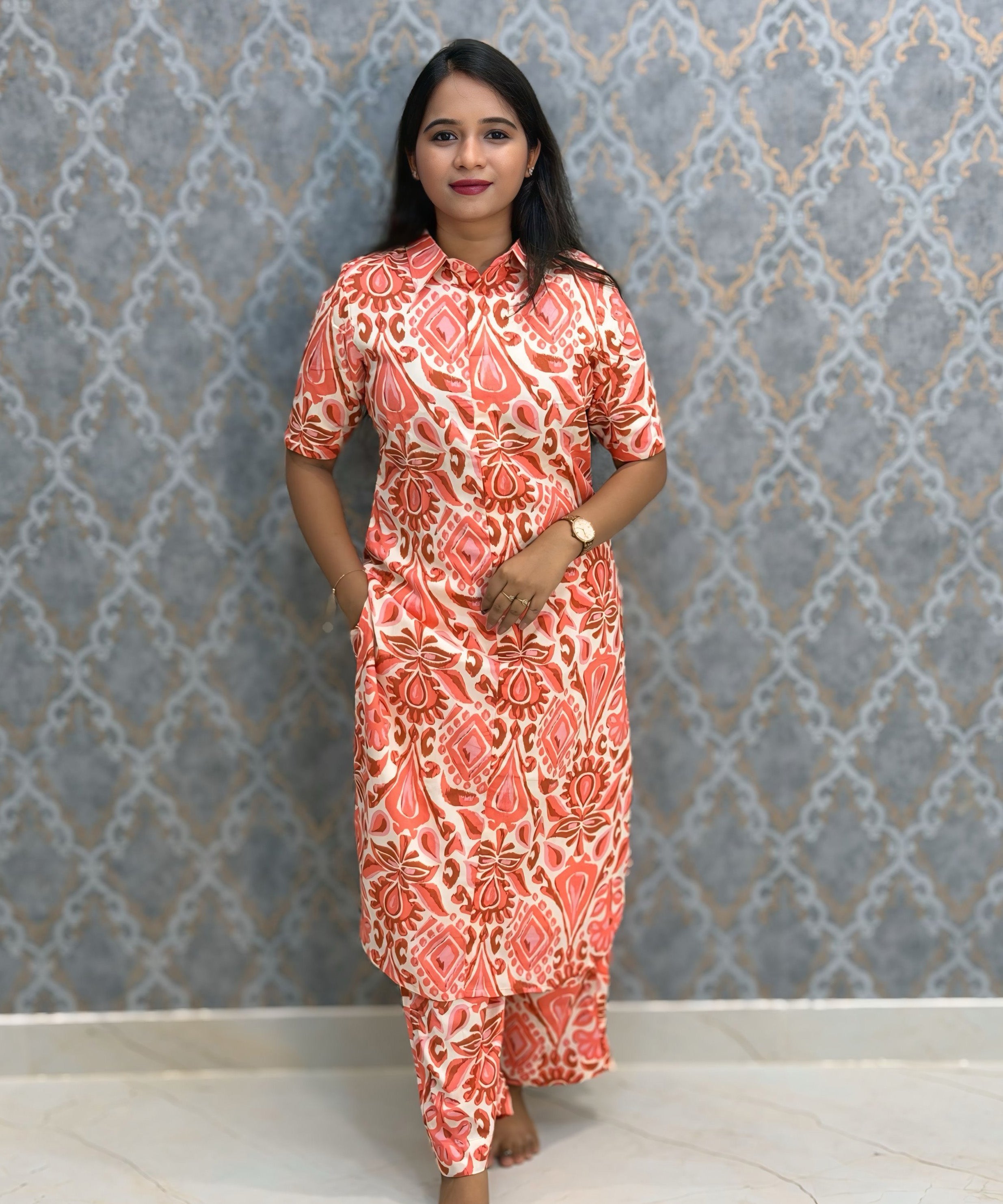 Orange Color Premium Coord Set with Lining and Pocket / HL029