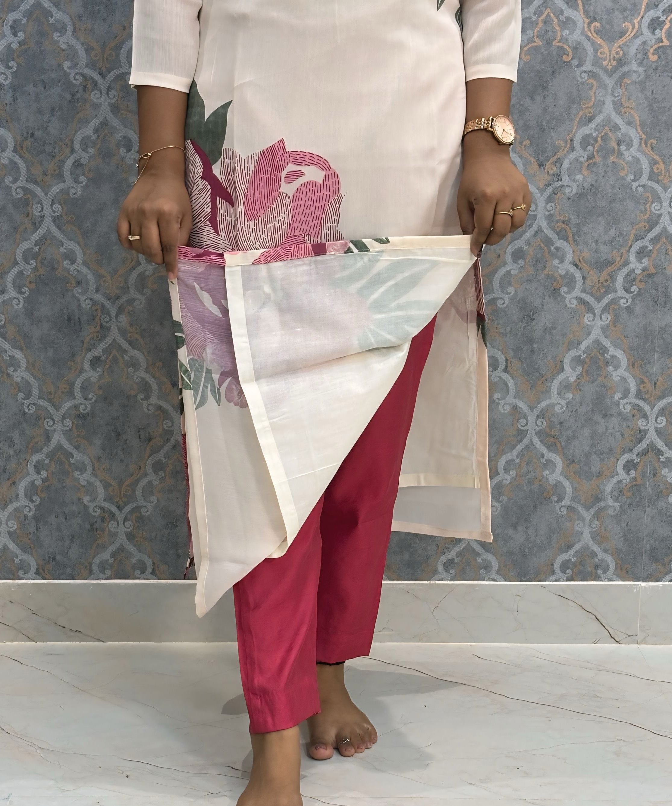 Half White and Pink Color Premium Coord Set with Lining and Pocket / HL028