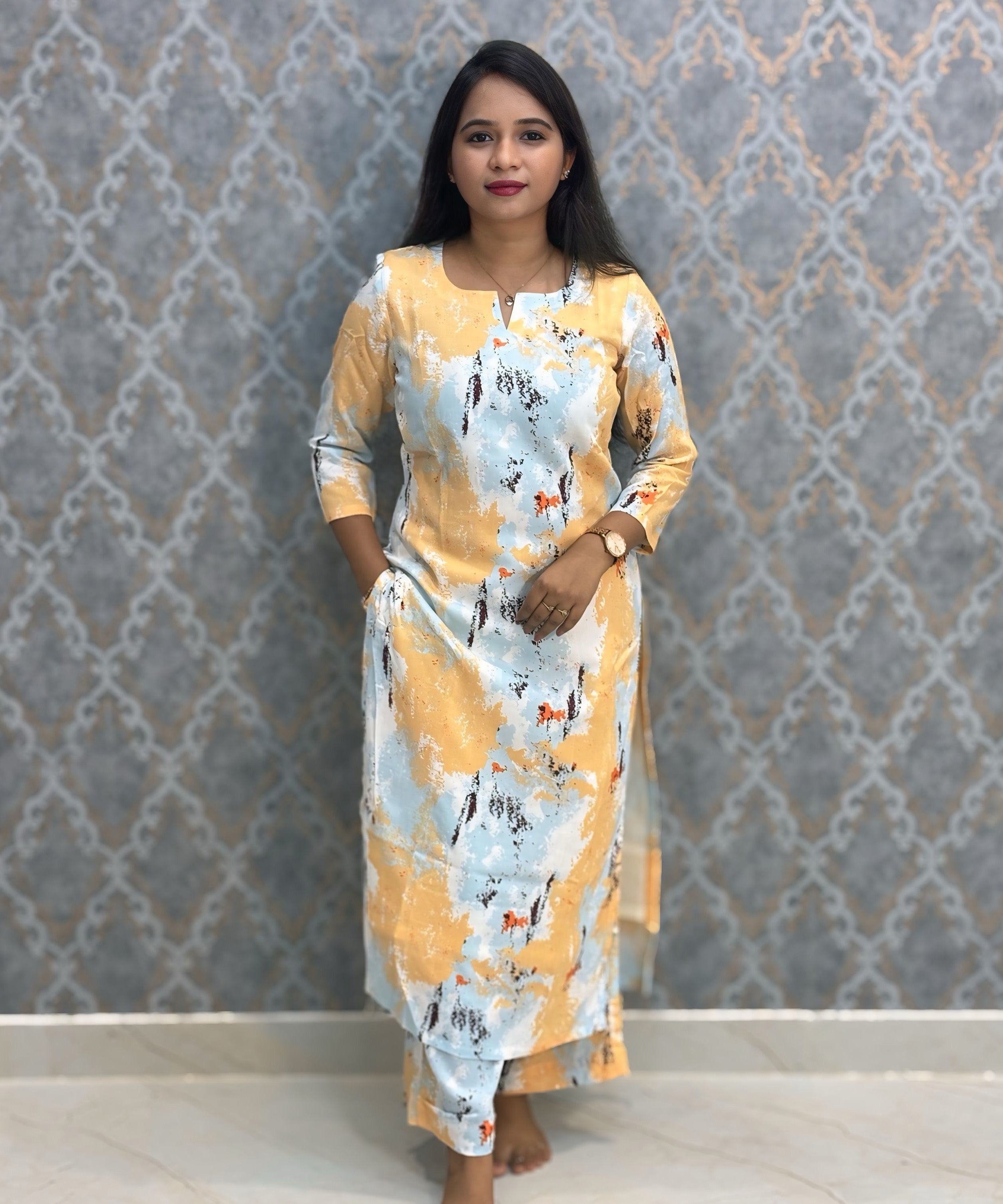 Light Yellow and Blue Color Premium Coord Set with Lining and Pocket / HL027