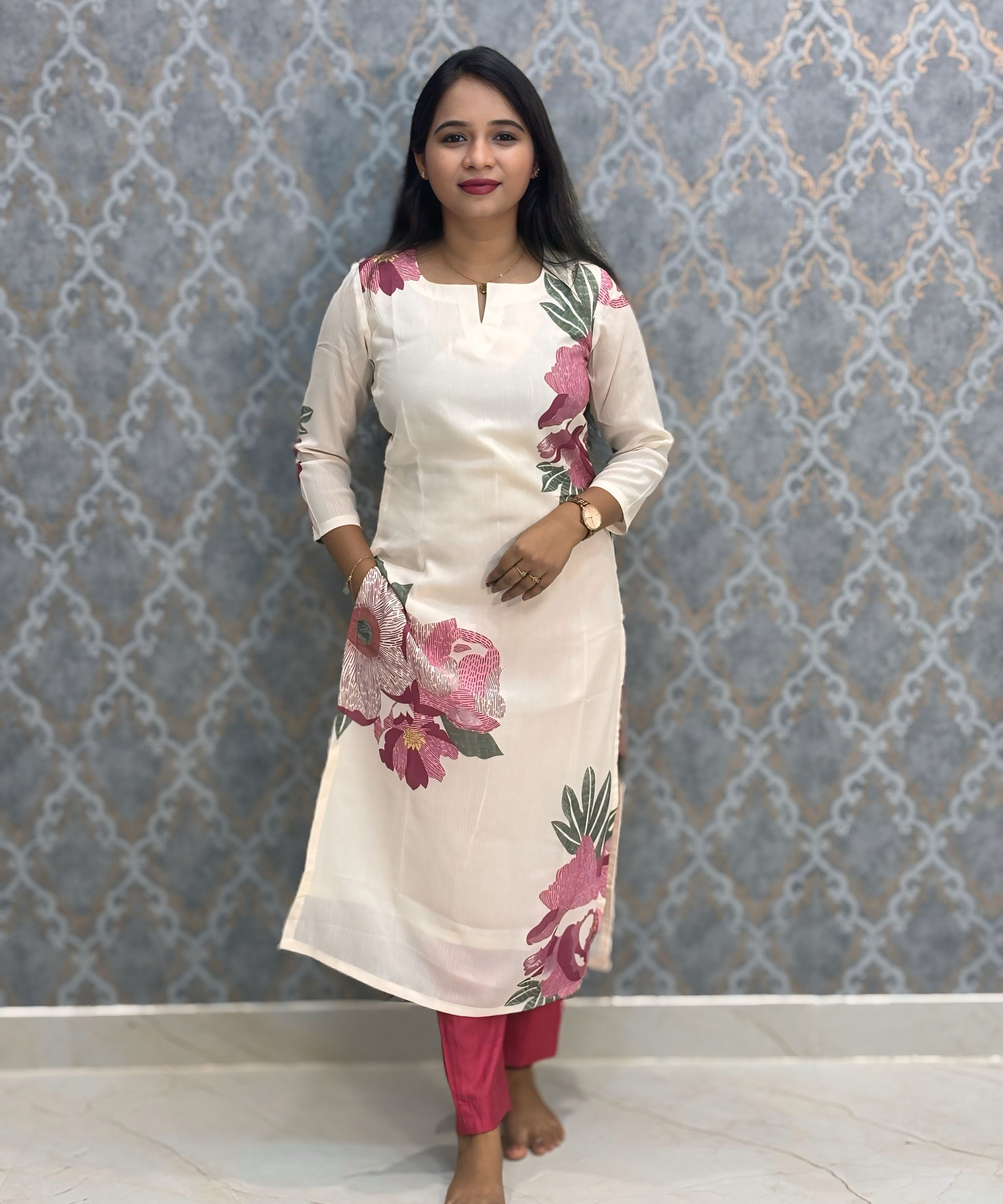 Half White and Pink Color Premium Coord Set with Lining and Pocket / HL028
