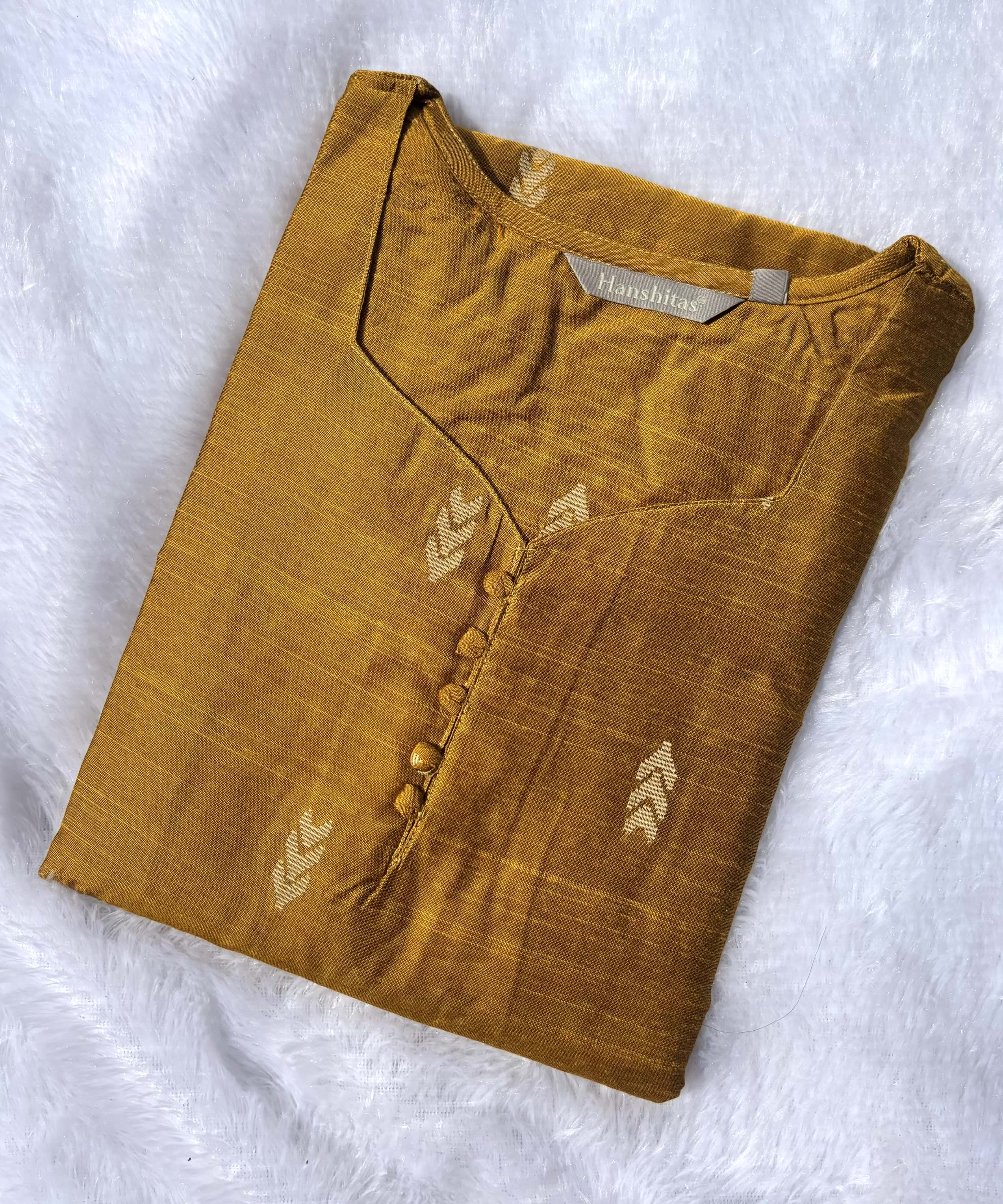 Mustard Yellow Color Sweetheart Neck Premium Dupion Raw Silk Kurti with  Beige Zari Butta & Lining / LSS189