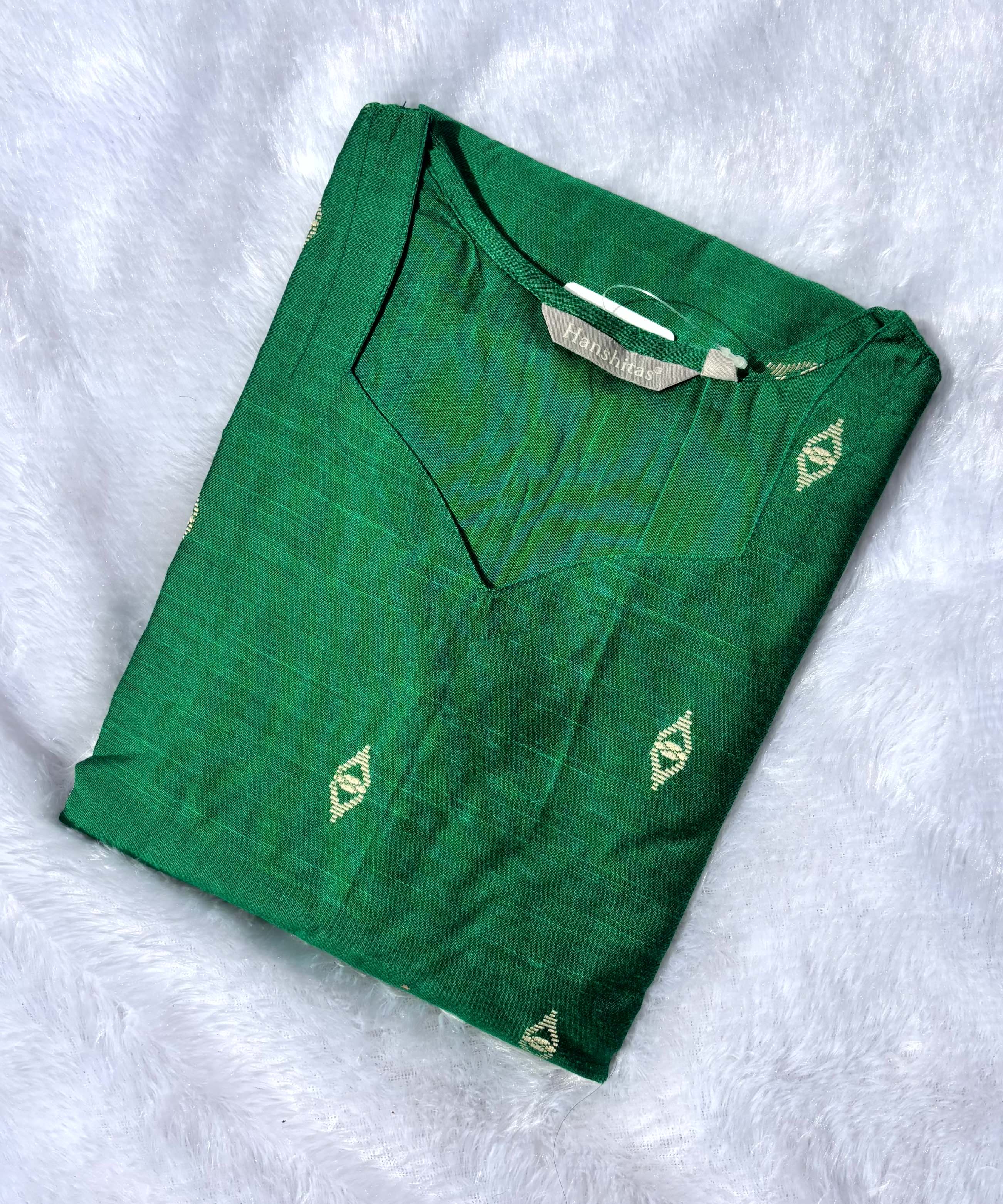 Green Color Sweeheart Neck Premium Dupion Raw Silk Kurti with  Beige Zari Butta & Lining / LSS186