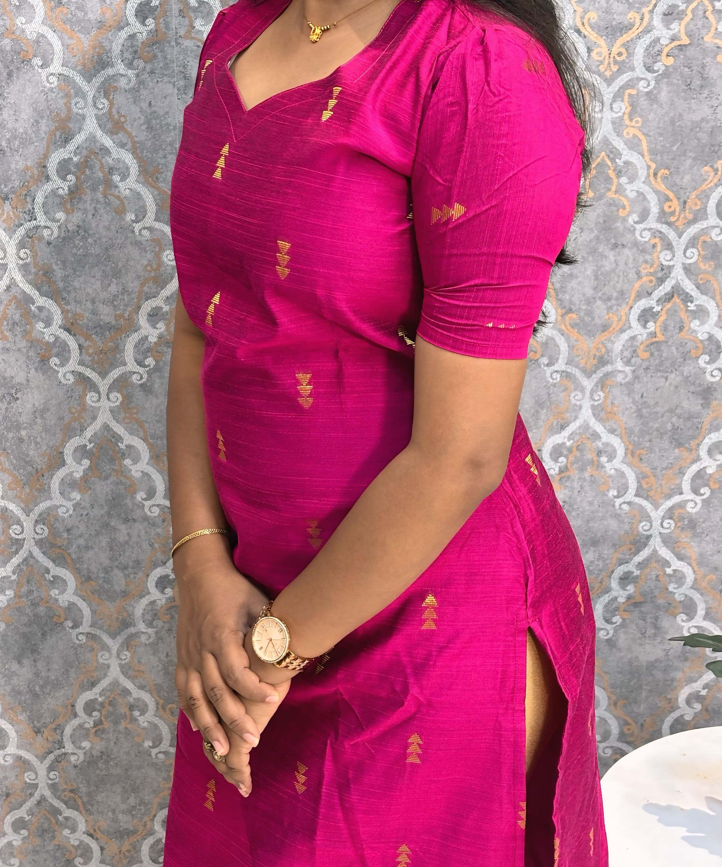 Dark Pink Color Sweetheart Neck Premium Dupion Raw Silk Kurti with Big Zari Butta & Lining / LSS186