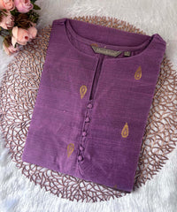 Violet Color Round Neck Premium Dupion Raw Silk Kurti with Thilagam Shape Zari Butta & Lining / LSS186