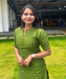 Green Color Round Neck Premium Dupion Raw Silk Kurti with Small Zari Butta & Lining / LSS186