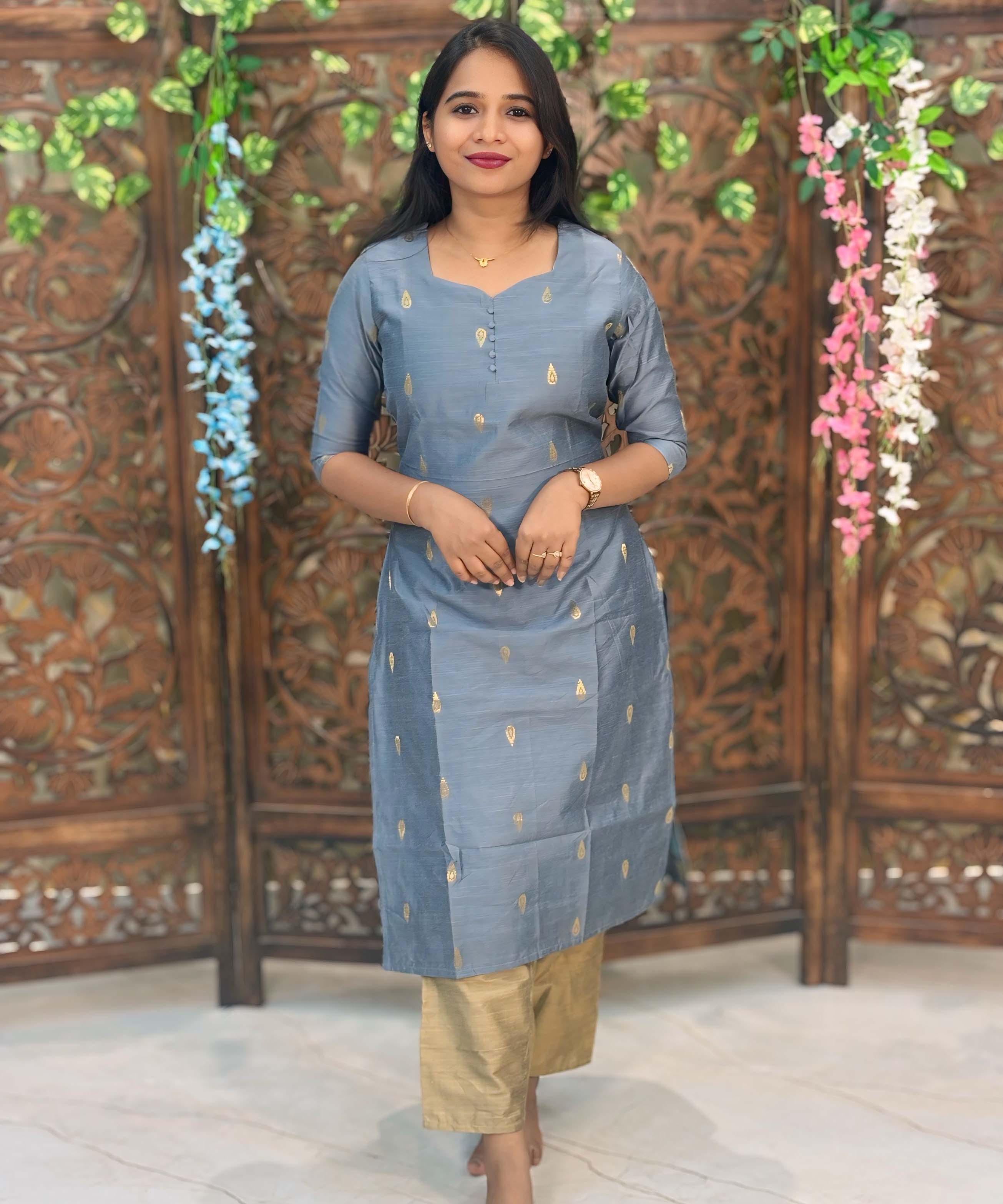 Gray Color Sweetheart Neck Premium Dupion Raw Silk Kurti with Thilagam Zari Butta & Lining Coord Set  / LSS188