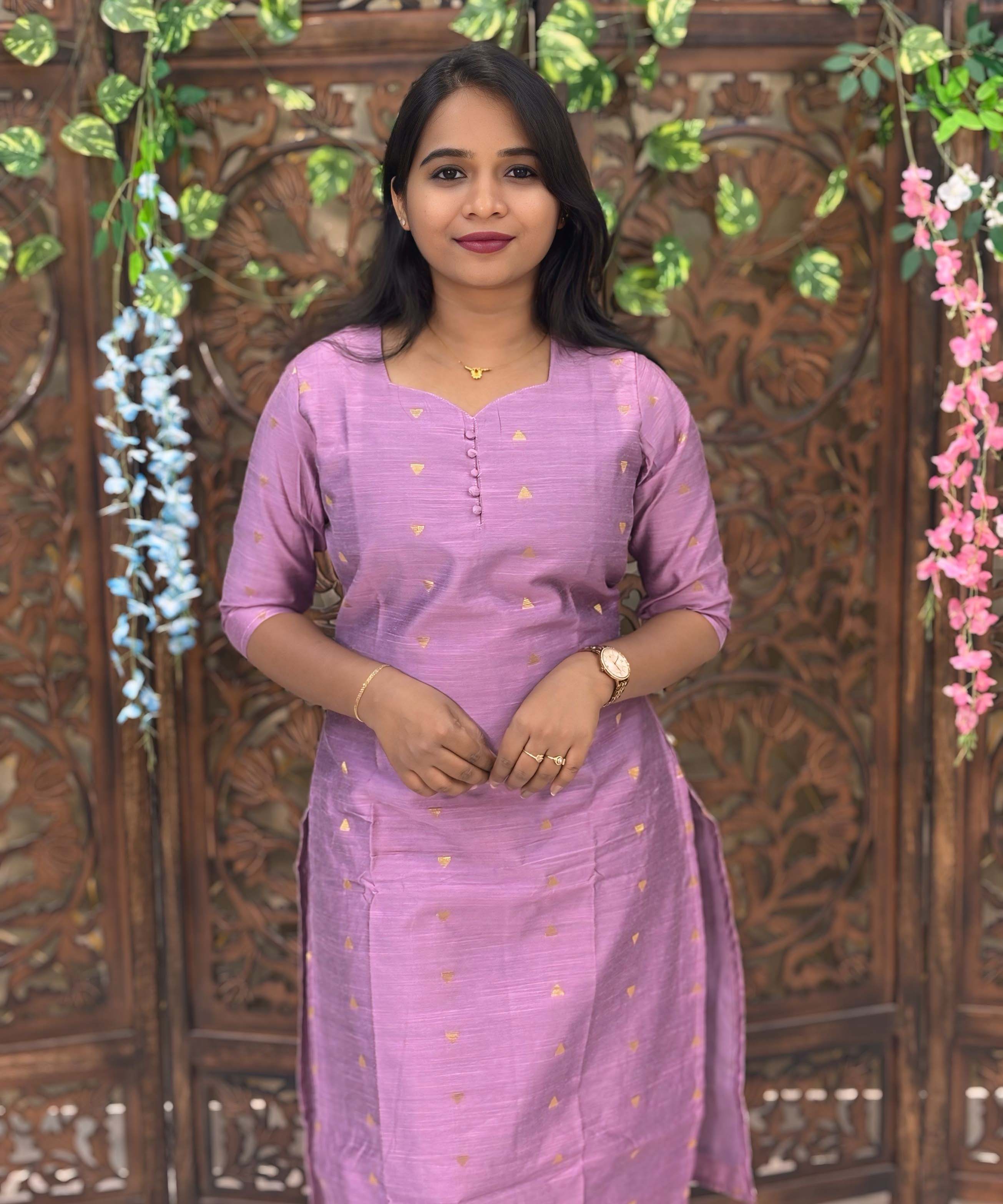 lavender pink Color Sweetheart Neck Premium Dupion Raw Silk Kurti with Small Zari Butta & Lining Coord Set  / LSS188