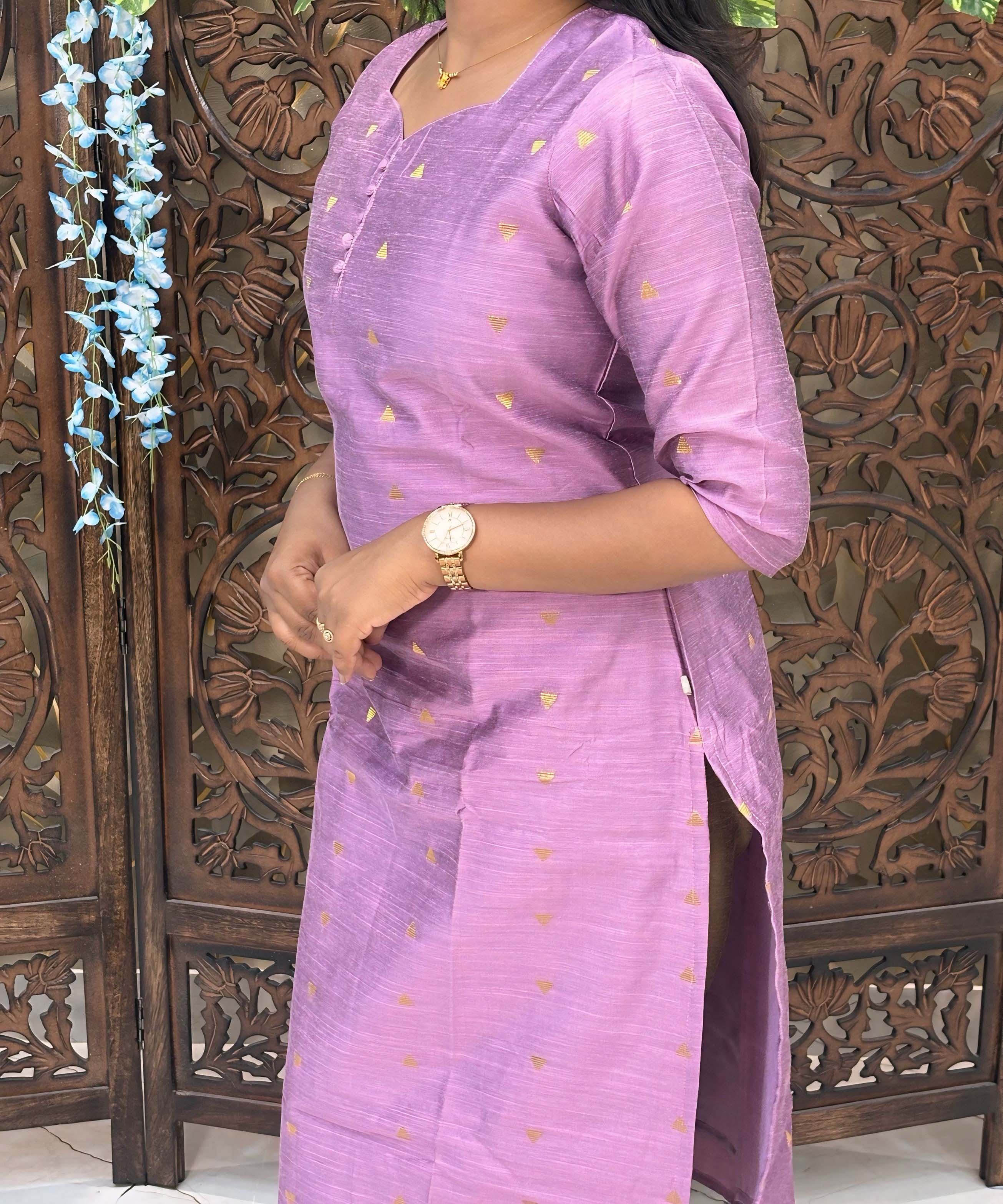 lavender pink Color Sweetheart Neck Premium Dupion Raw Silk Kurti with Small Zari Butta & Lining Coord Set  / LSS188