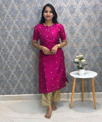 Pink Color Round Neck Premium Dupion Raw Silk Kurti with Small Round Zari Butta & Lining Coord Set  / LSS187