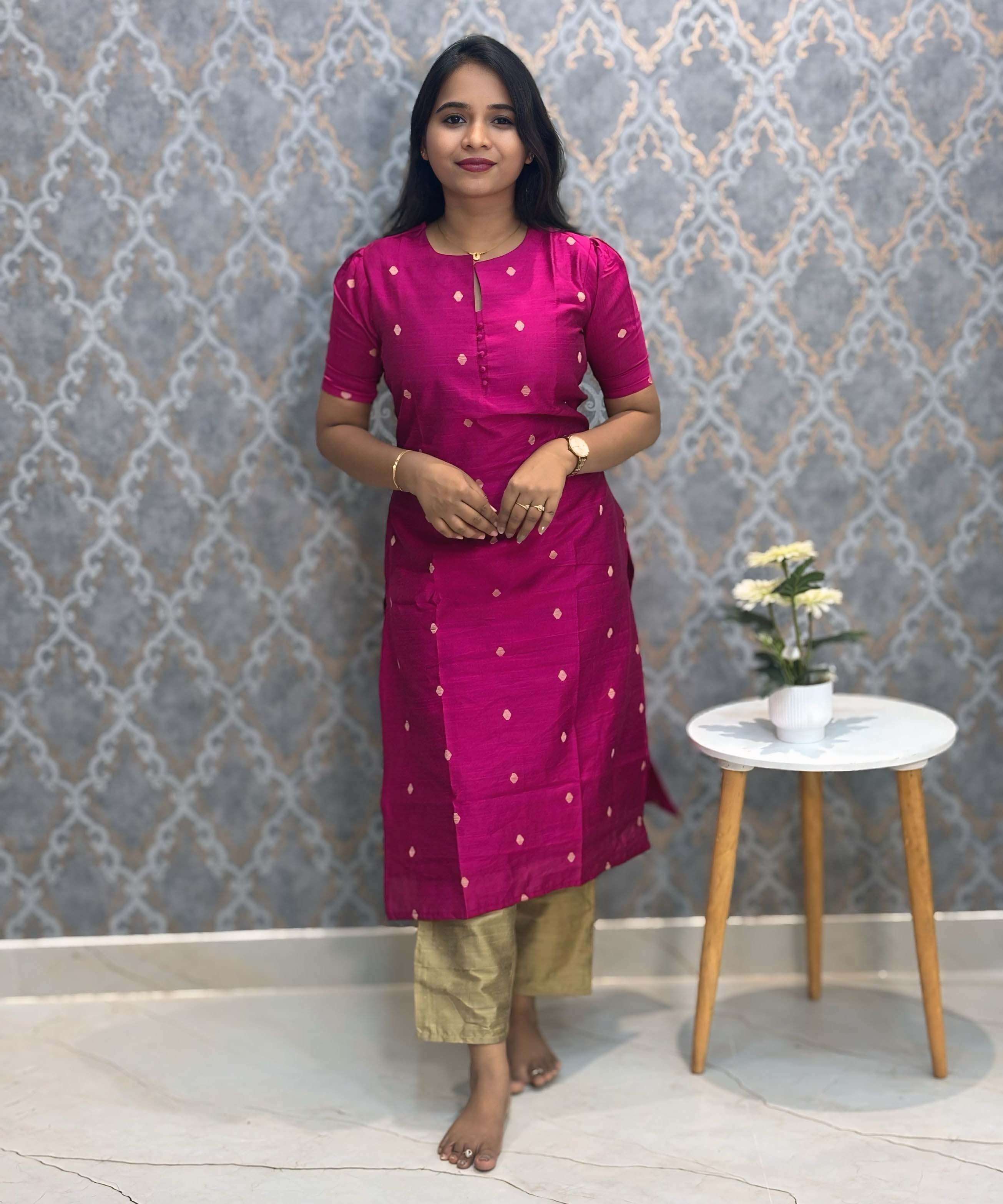 Pink Color Round Neck Premium Dupion Raw Silk Kurti with Small Round Zari Butta & Lining Coord Set  / LSS187