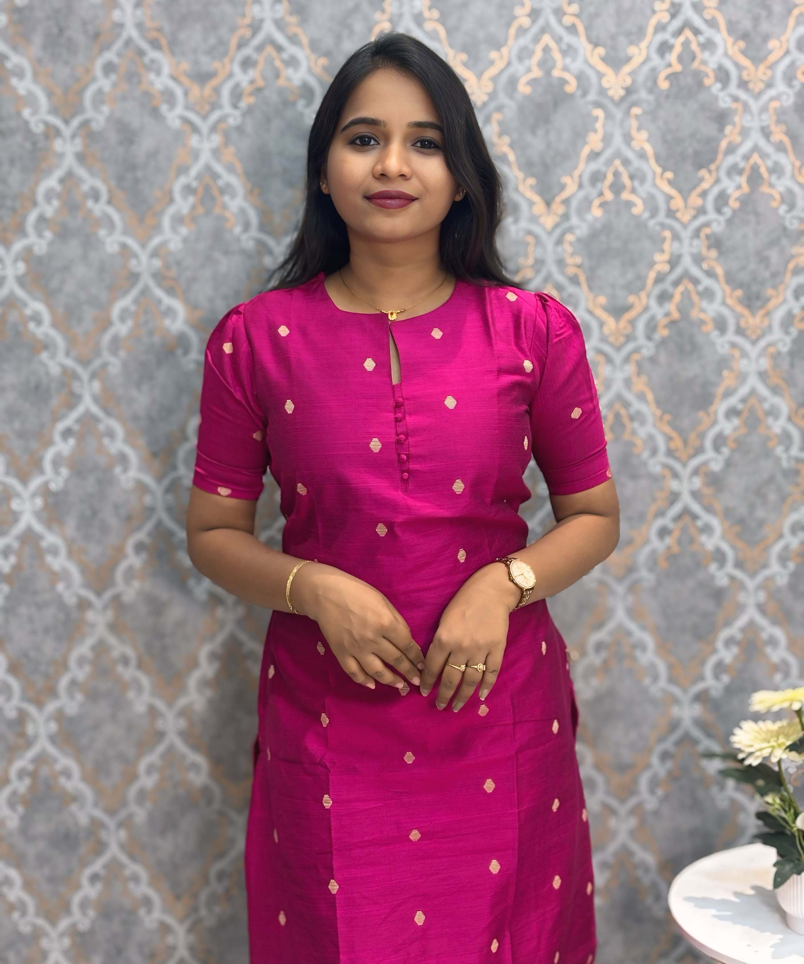 Pink Color Round Neck Premium Dupion Raw Silk Kurti with Small Round Zari Butta & Lining Coord Set  / LSS187