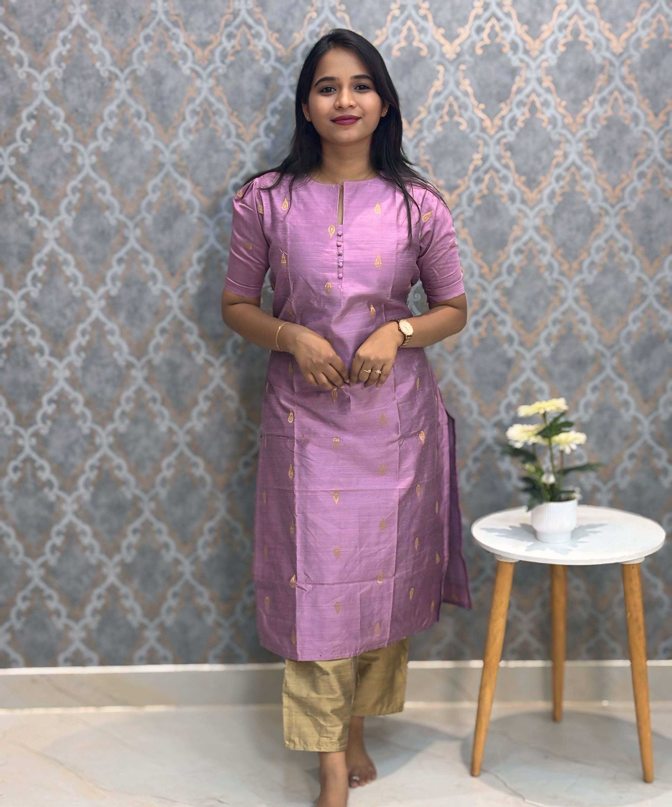 Violet Color Round Neck Premium Dupion Raw Silk Kurti with Thilagam Shape Zari Butta & Lining Coord Set/ LSS187