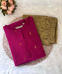 Dark Pink Color Round Neck Premium Dupion Raw Silk Kurti with Big Square Zari Butta & Lining Coord Set / LSS187