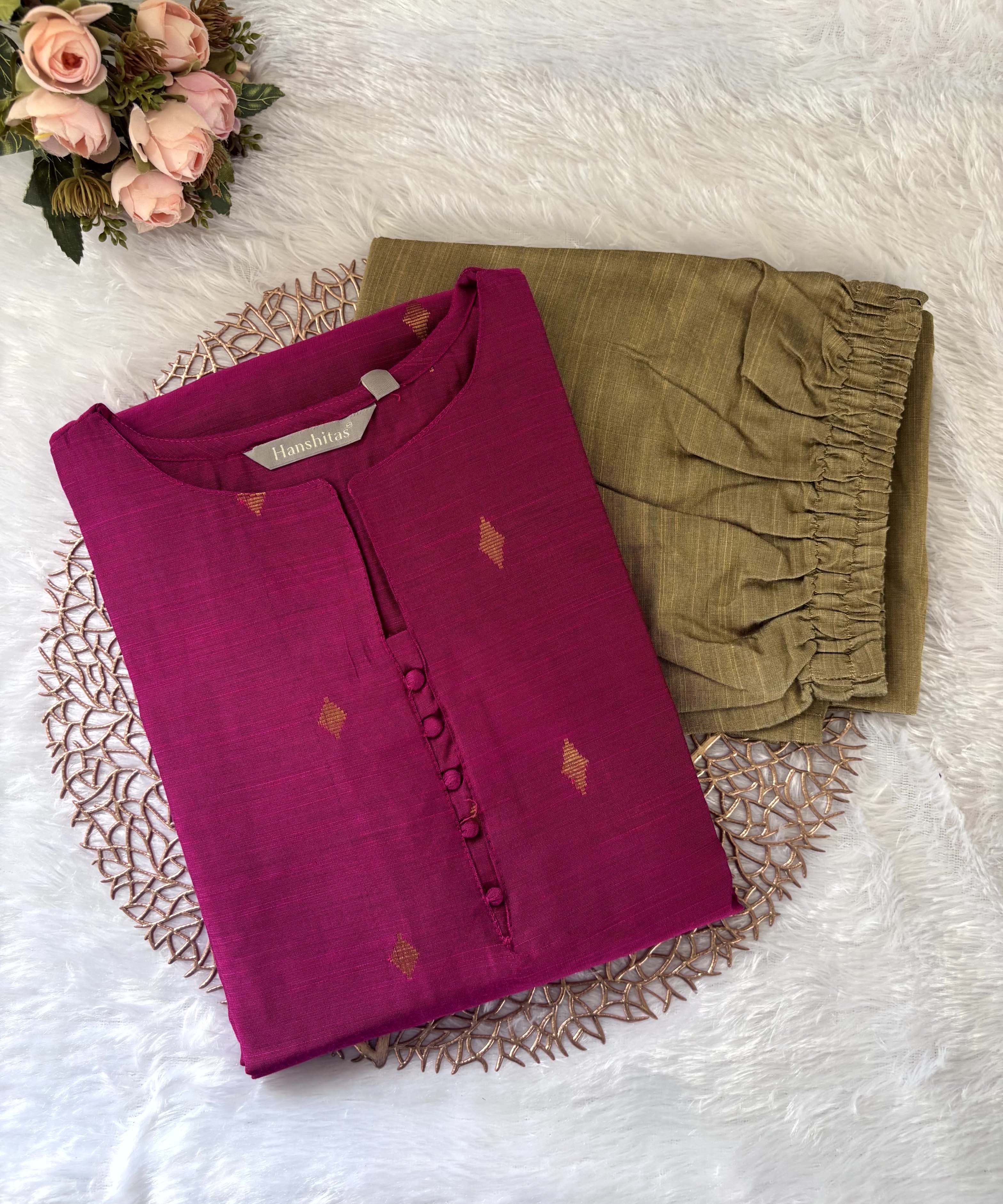 Dark Pink Color Round Neck Premium Dupion Raw Silk Kurti with Big Square Zari Butta & Lining Coord Set / LSS187