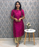 Dark Pink Color Round Neck Premium Dupion Raw Silk Kurti with Big Square Zari Butta & Lining Coord Set / LSS187