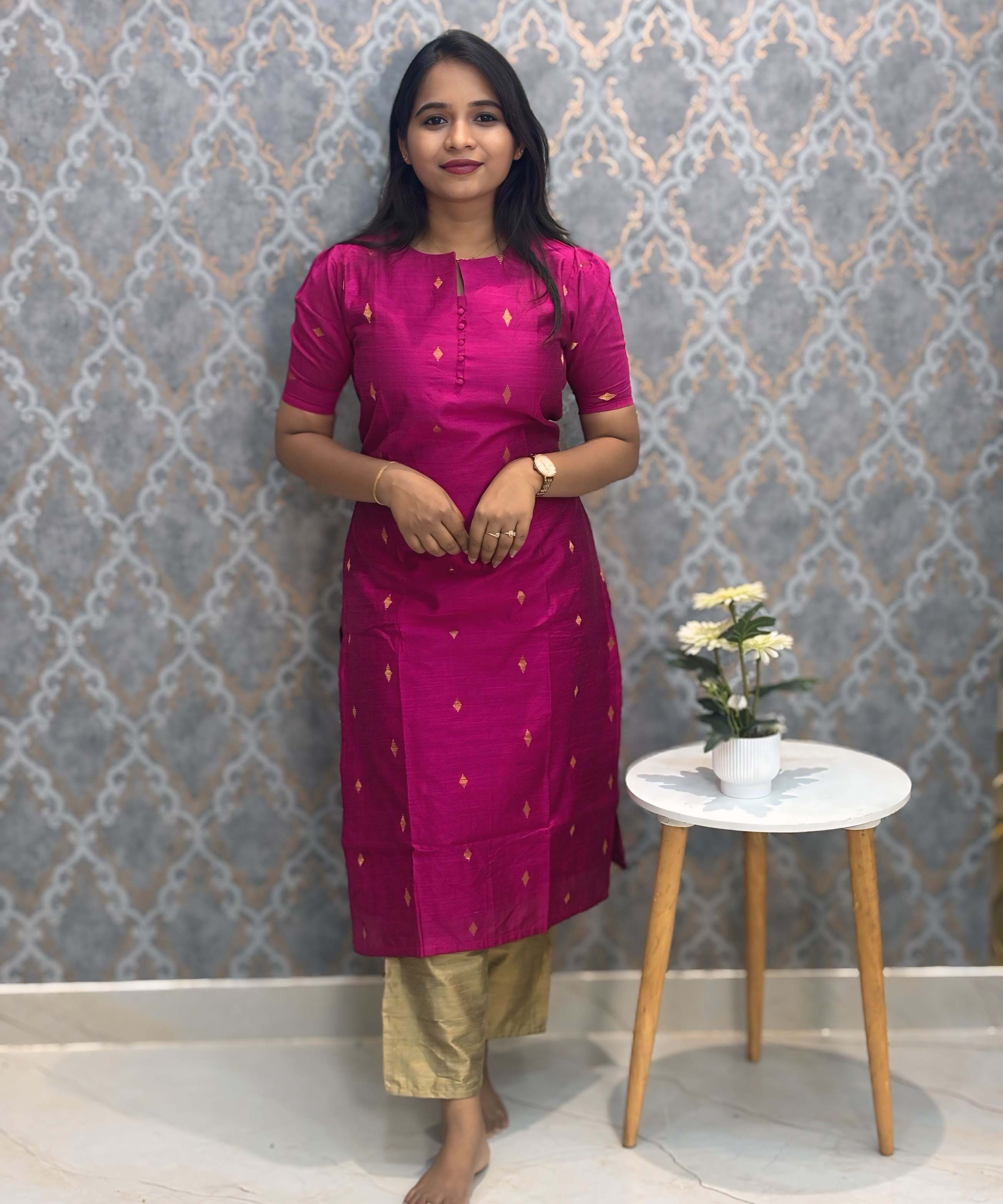 Dark Pink Color Round Neck Premium Dupion Raw Silk Kurti with Big Square Zari Butta & Lining Coord Set / LSS187