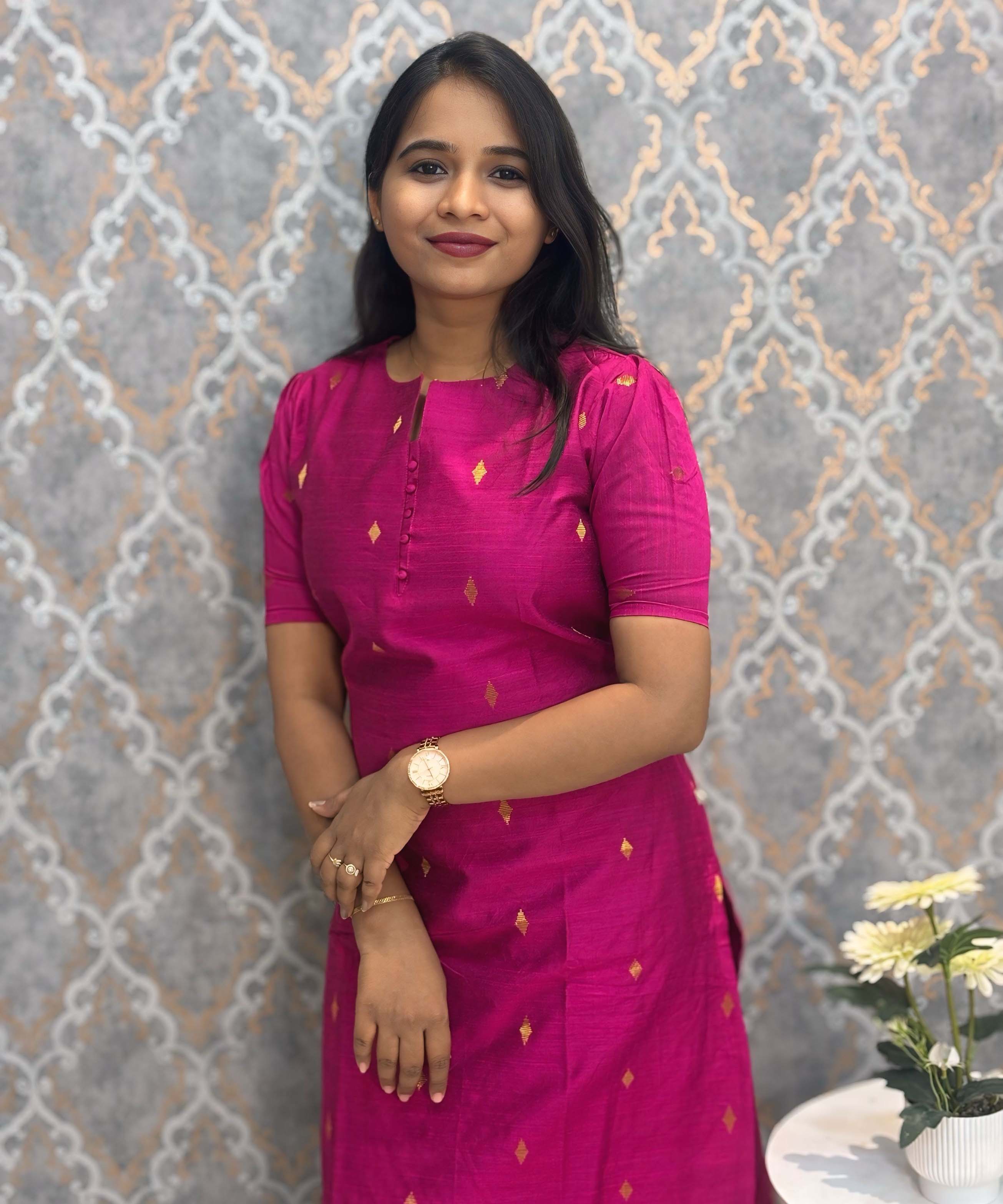 Dark Pink Color Round Neck Premium Dupion Raw Silk Kurti with Big Square Zari Butta & Lining Coord Set / LSS187