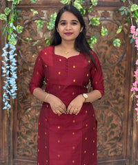 Maroon Color Sweetheart Neck Premium Dupion Raw Silk Kurti with Small Zari Butta & Lining Coord Set  / LSS188