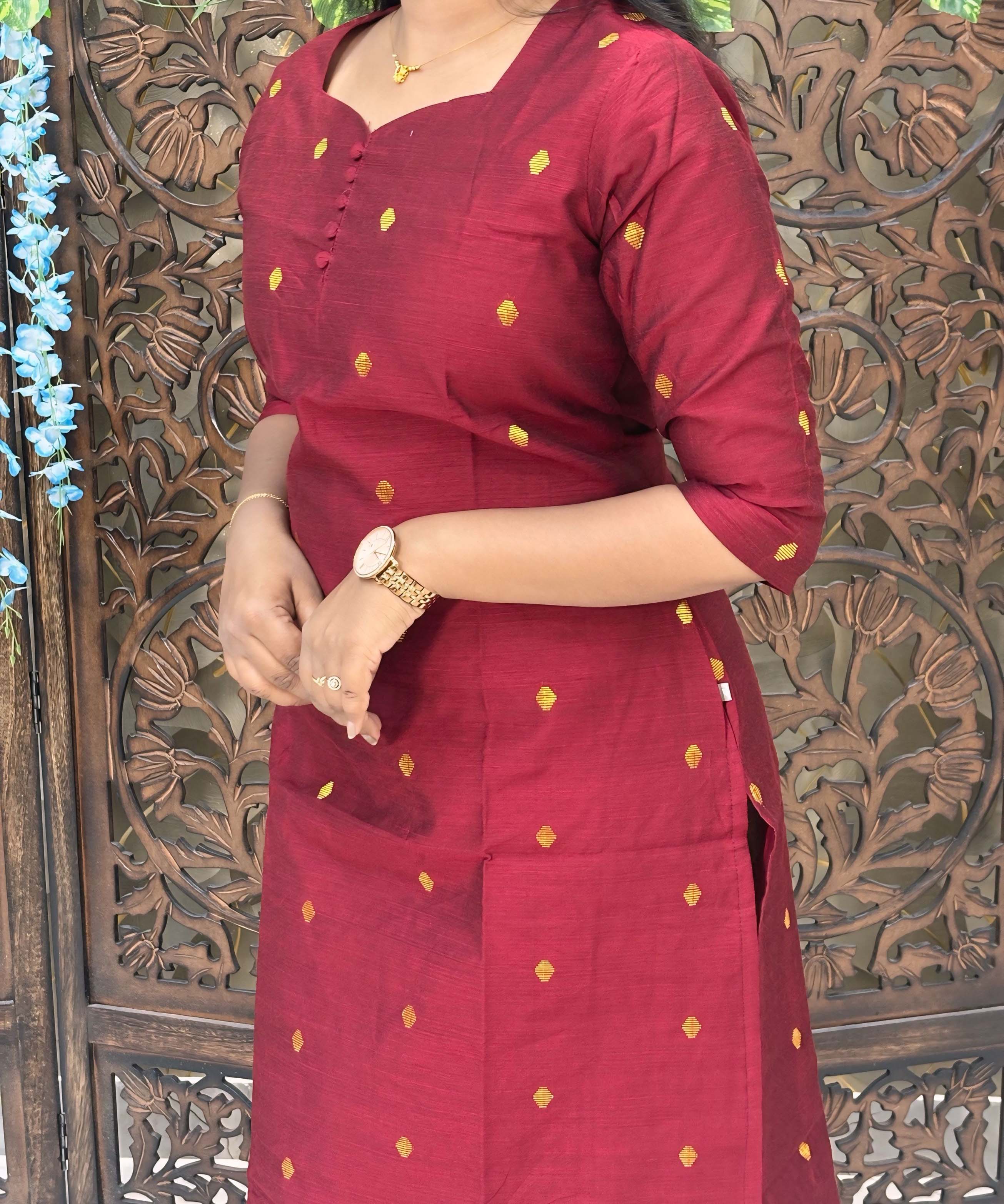 Maroon Color Sweetheart Neck Premium Dupion Raw Silk Kurti with Small Zari Butta & Lining Coord Set  / LSS188