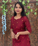 Maroon Color Sweetheart Neck Premium Dupion Raw Silk Kurti with Small Zari Butta & Lining Coord Set  / LSS188