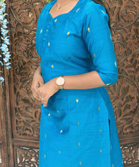 Sky Blue Color Sweetheart Neck Premium Dupion Raw Silk Kurti with Big Zari Butta & Lining / LSS189