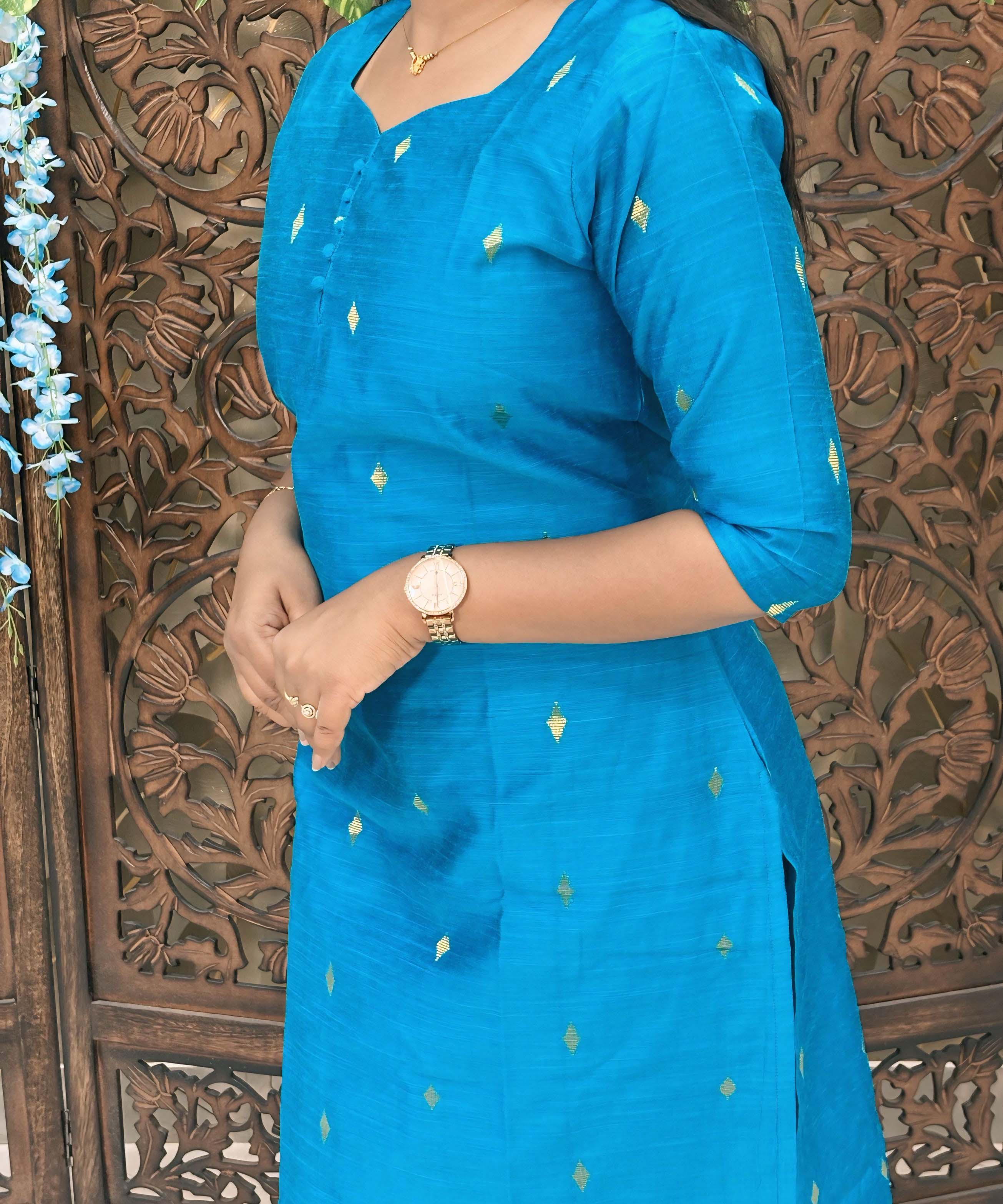 Sky Blue Color Sweetheart Neck Premium Dupion Raw Silk Kurti with Big Zari Butta & Lining / LSS189
