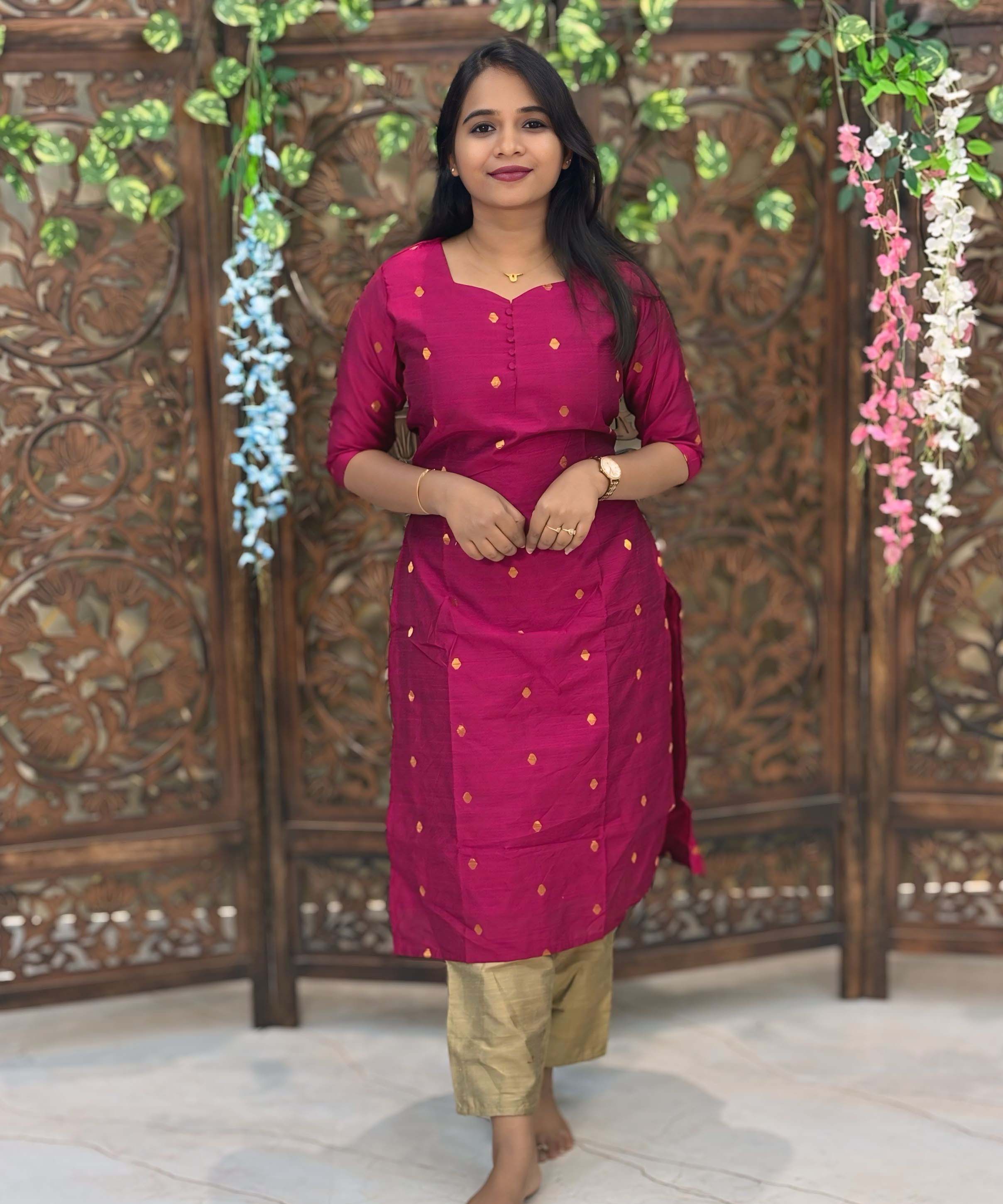 Pink Color Sweetheart Neck Premium Dupion Raw Silk Kurti with Small Zari Butta & Lining Coord Set  / LSS188