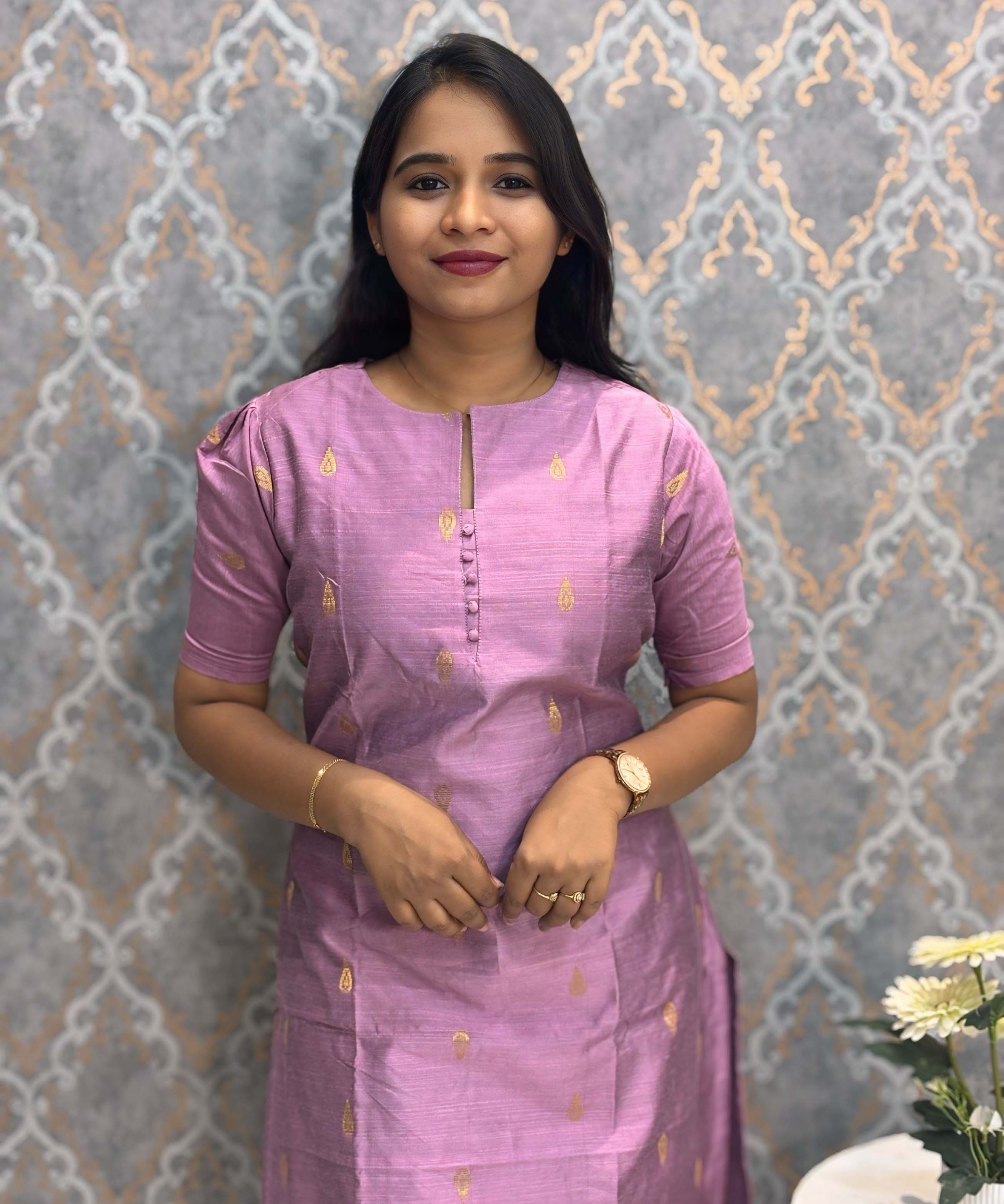 Violet Color Round Neck Premium Dupion Raw Silk Kurti with Thilagam Shape Zari Butta & Lining Coord Set/ LSS187
