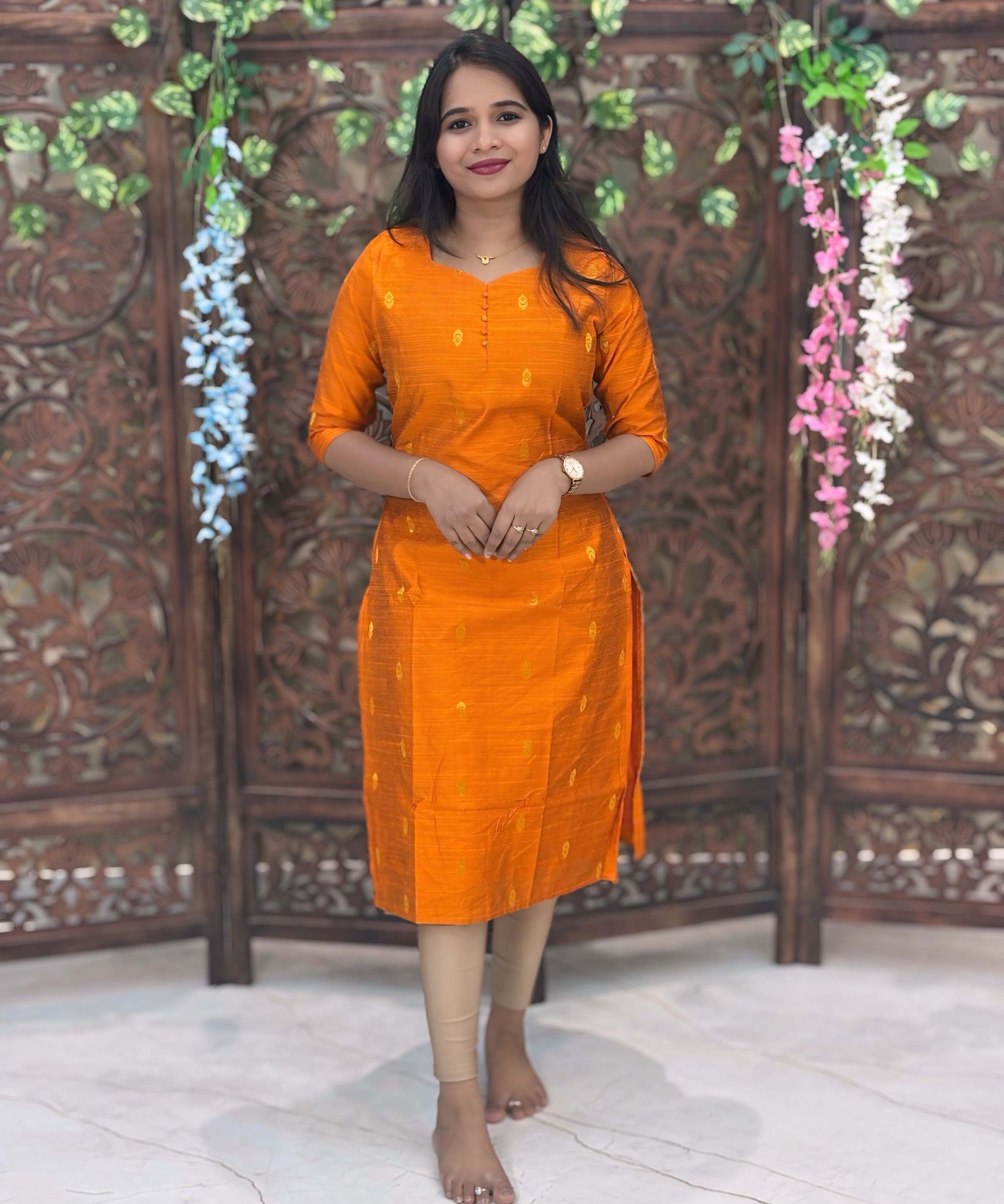 Orange Color Sweetheart Neck Premium Dupion Raw Silk Kurti with Thilagam Shape Zari Butta & Lining / LSS189