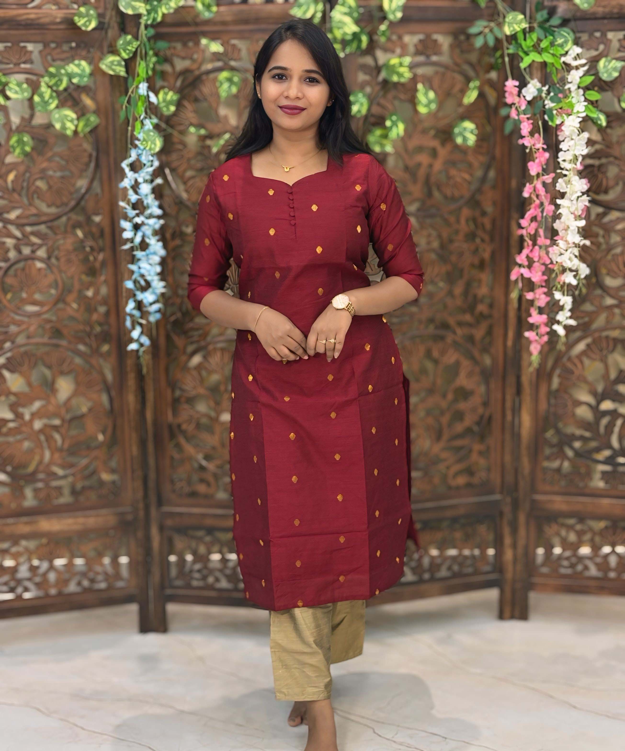 Maroon Color Sweetheart Neck Premium Dupion Raw Silk Kurti with Small Zari Butta & Lining Coord Set  / LSS188
