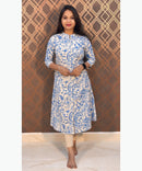 Blue and Half White Color Floral Design Premium Flex Cotton Aline Kurti with Pocket / LSS163