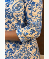 Blue and Half White Color Floral Design Premium Flex Cotton Aline Kurti with Pocket / LSS163