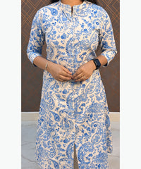 Blue and Half White Color Floral Design Premium Flex Cotton Aline Kurti with Pocket / LSS163