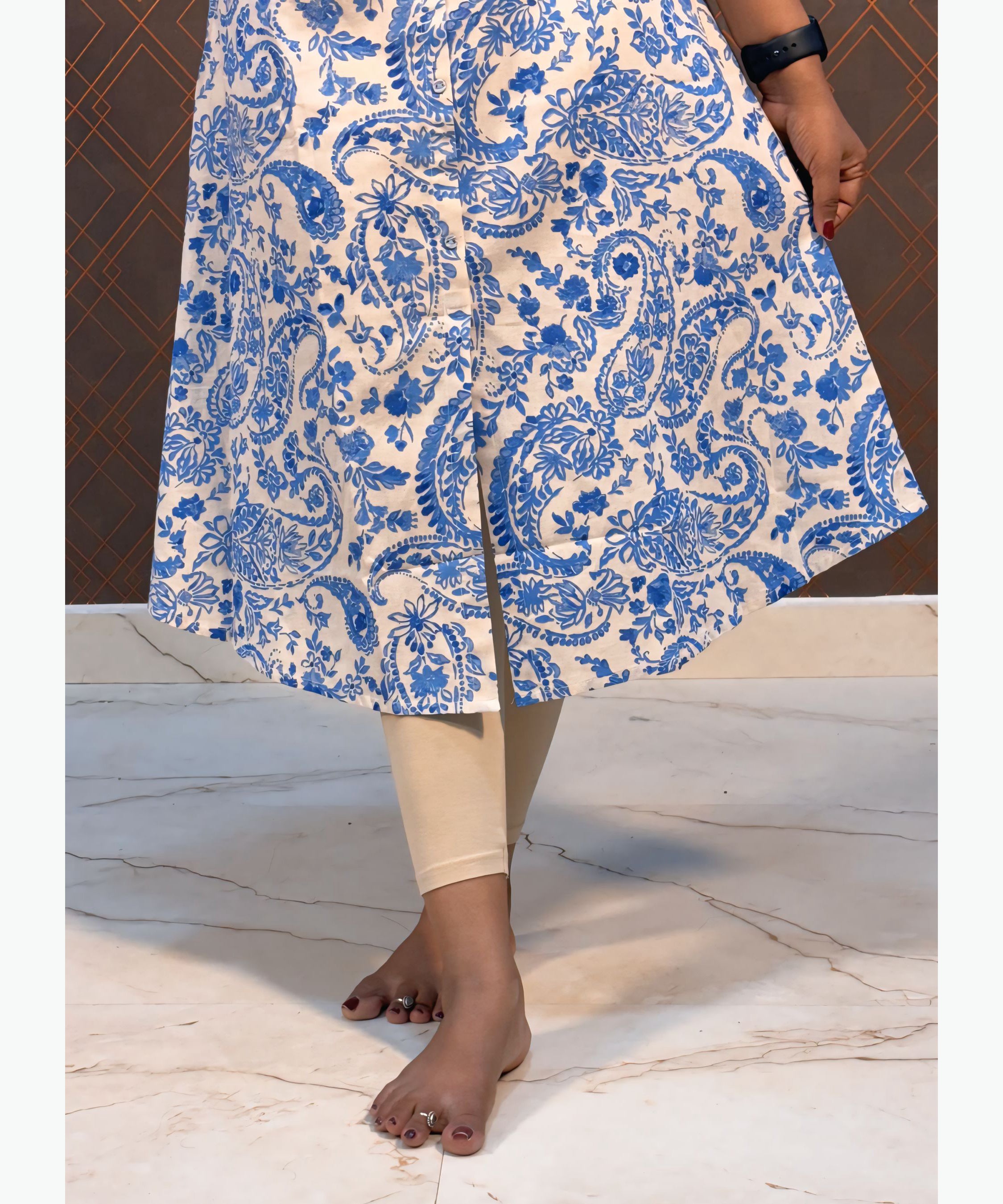 Blue and Half White Color Floral Design Premium Flex Cotton Aline Kurti with Pocket / LSS163
