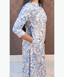 Blue and Half White Color Floral Design Premium Flex Cotton Aline Kurti with Pocket / LSS163