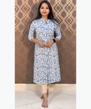 Blue and Half White Color Floral Design Premium Flex Cotton Aline Kurti with Pocket / LSS163