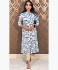 Blue and Half White Color Floral Design Premium Flex Cotton Aline Kurti with Pocket / LSS163