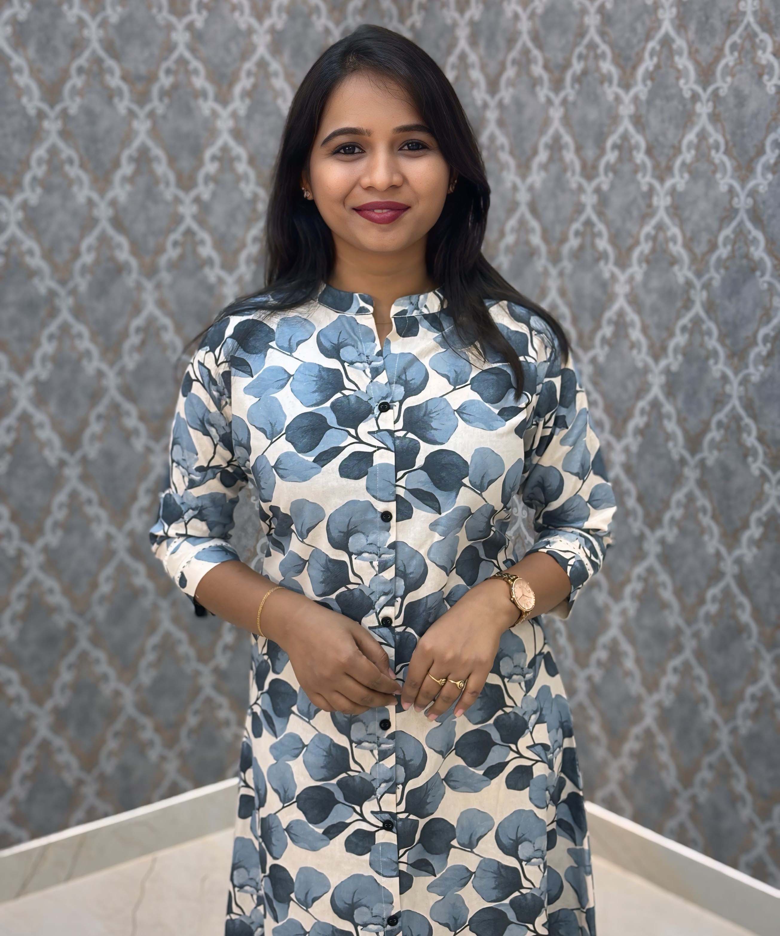 Navy Blue and Beige Color Floral Design Premium Flex Cotton Aline Kurti with Pocket / LSS163