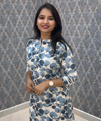 Navy Blue and Beige Color Floral Design Premium Flex Cotton Aline Kurti with Pocket / LSS163
