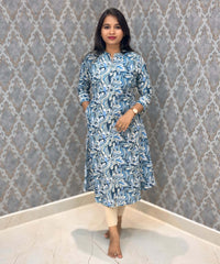 Navy Blue and Beige Color Floral Design Premium Flex Cotton Aline Kurti with Pocket / LSS163