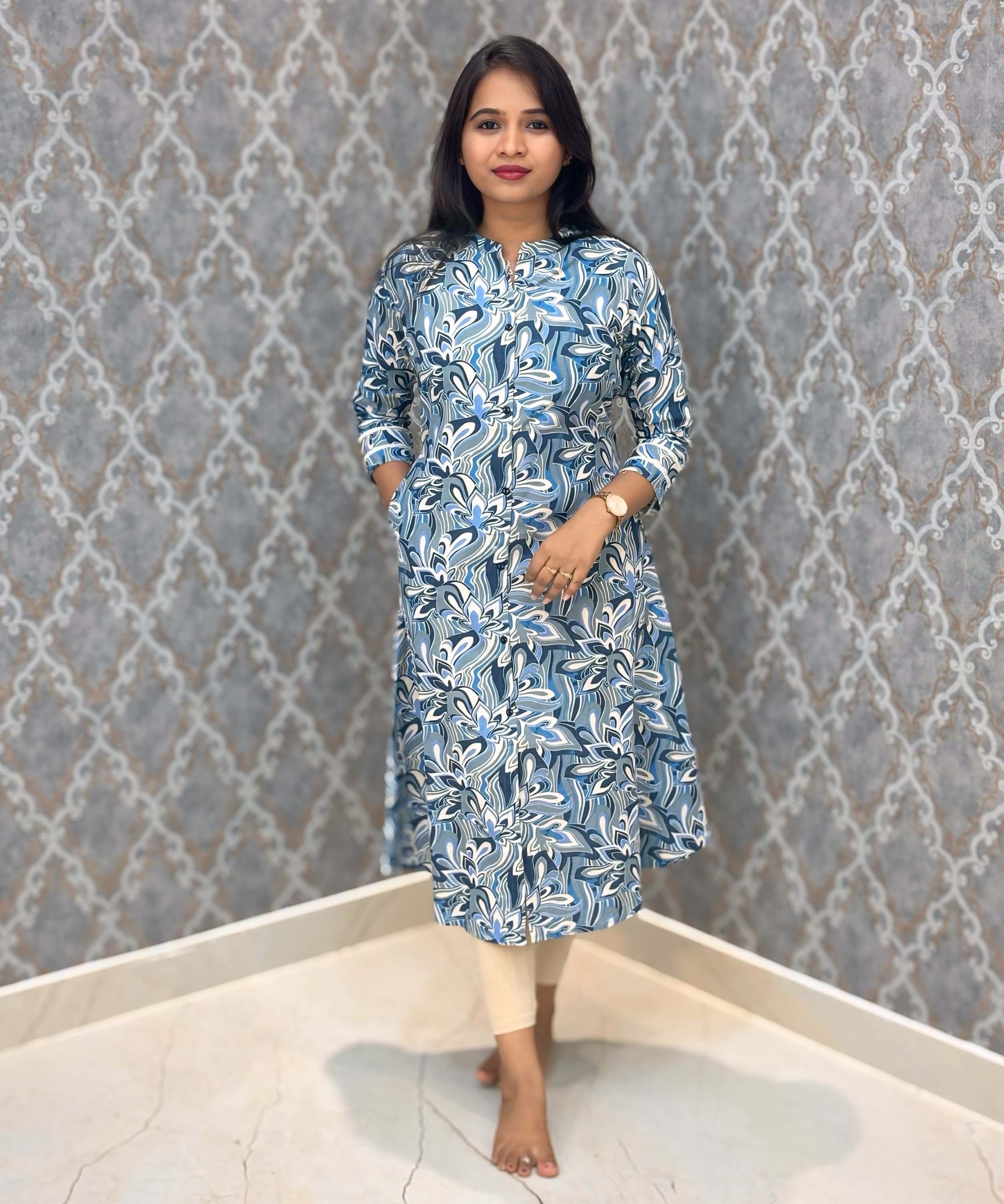 Navy Blue and Beige Color Floral Design Premium Flex Cotton Aline Kurti with Pocket / LSS163