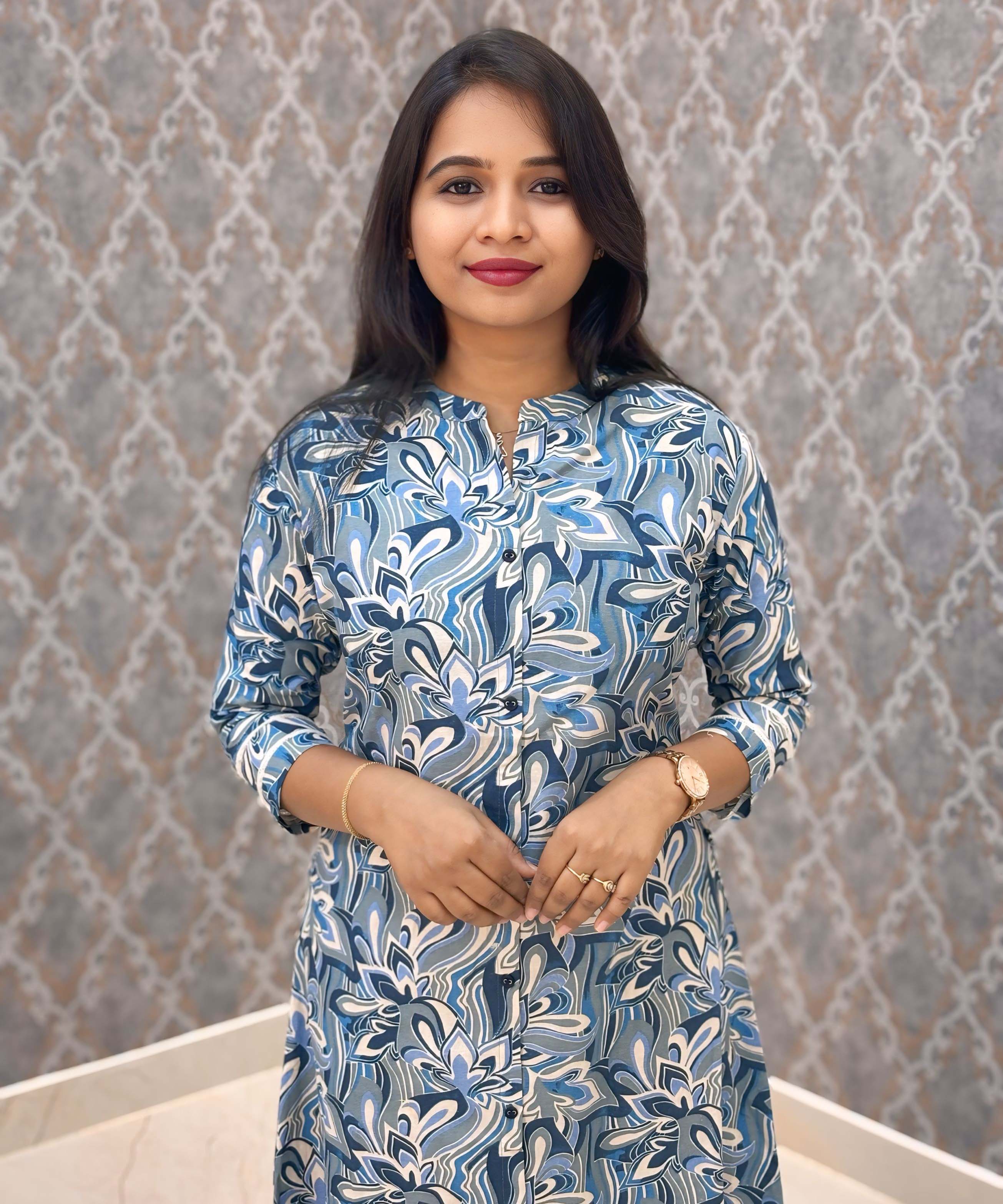 Navy Blue and Beige Color Floral Design Premium Flex Cotton Aline Kurti with Pocket / LSS163