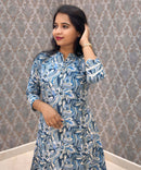Navy Blue and Beige Color Floral Design Premium Flex Cotton Aline Kurti with Pocket / LSS163